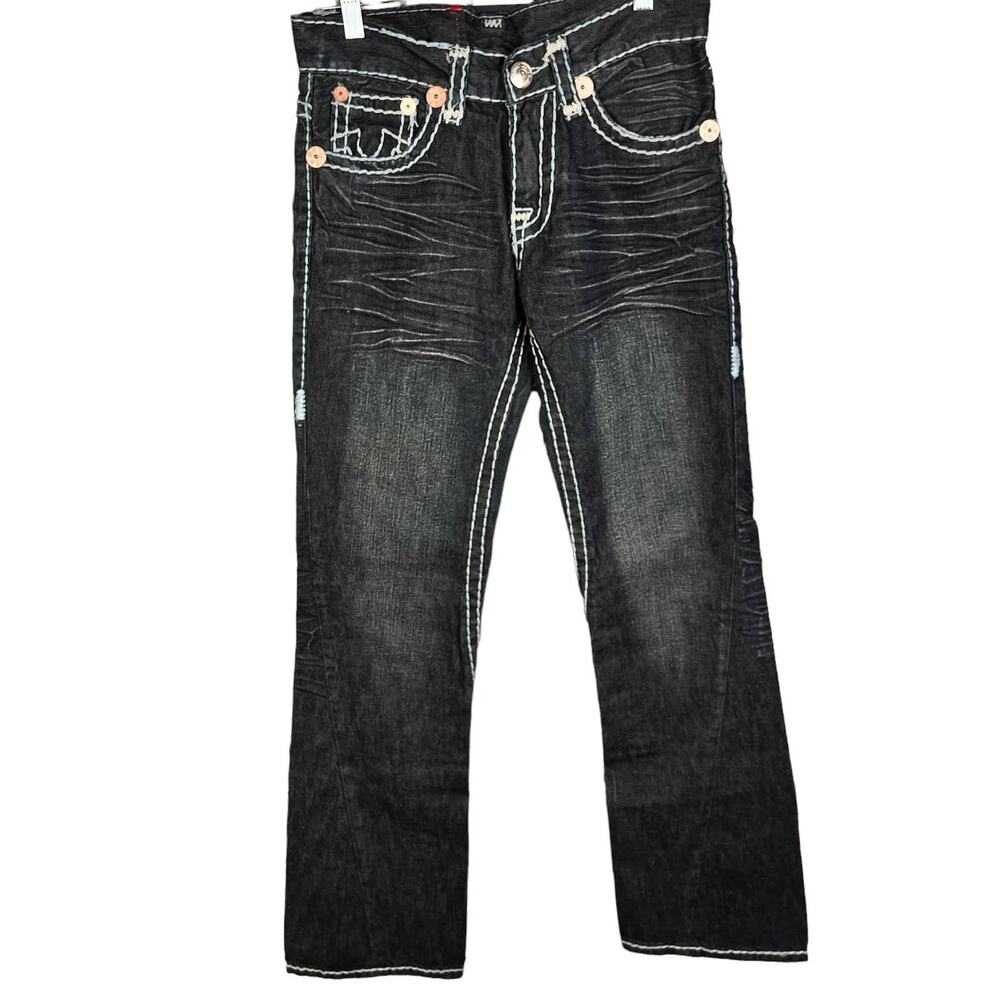 True Religion White Stitch Joey Super T Distressed Black Jeans Size 30 33